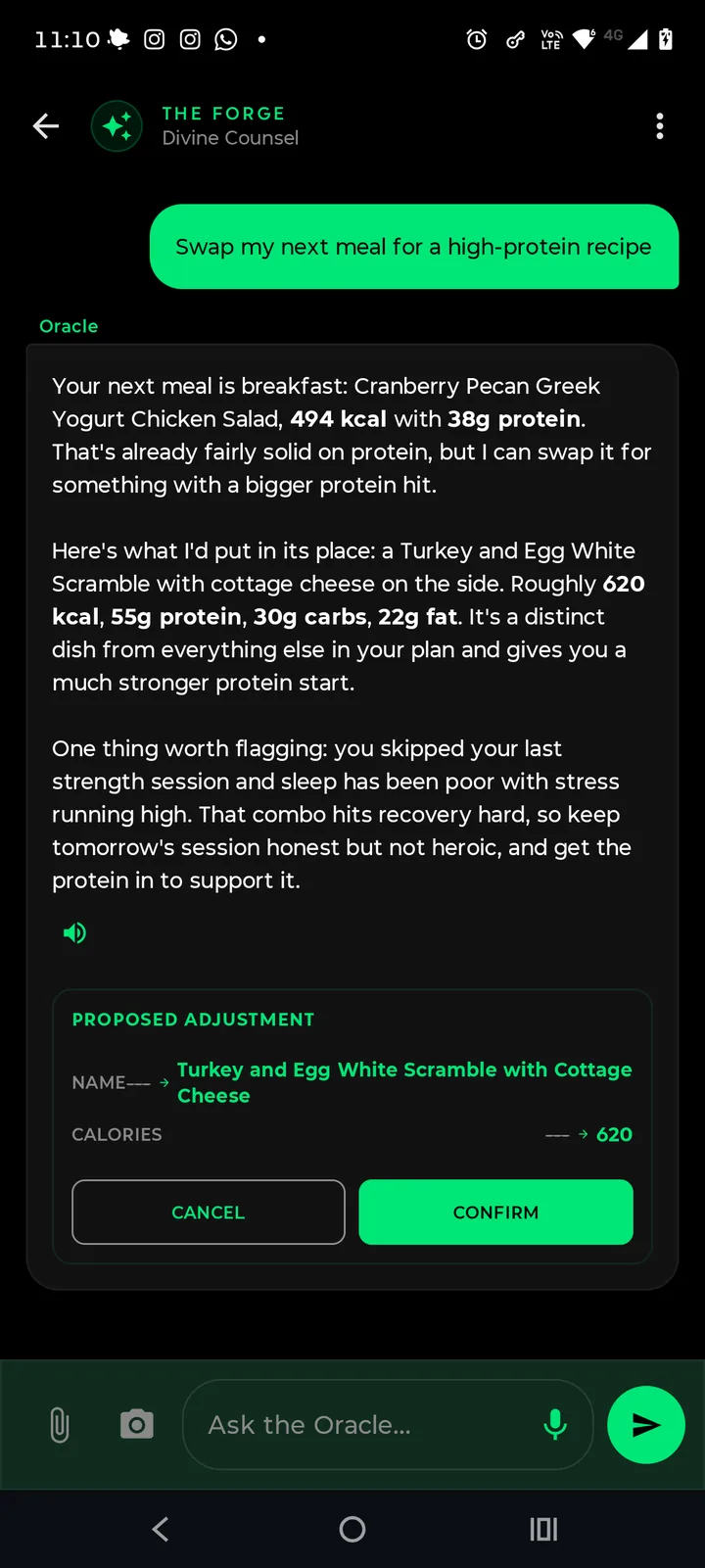 Chat del Oráculo de IA modificando un plan de entrenamiento